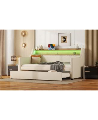 Twin Size Daybed with Trundle, Upholstered Daybed with Charging Station and LED Lights