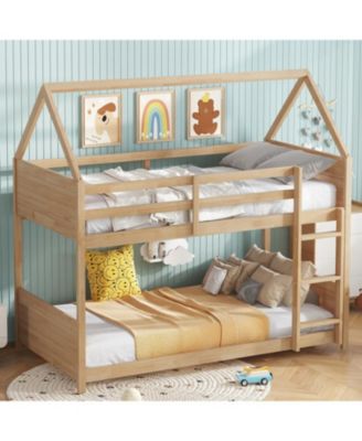 Twin Over Twin Bunk Bed with Headboards and Safety Guardrails