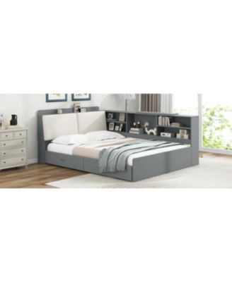 Wood Full Size platform bed with Storage Headboard, Shelves and 2 Drawers