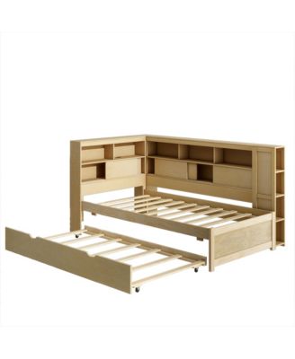 Twin Size Wood Daybed with Storage Shelves, USB and Trundle