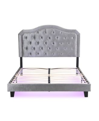  Queen Upholstered Bed with Tufted Curve Design, LED Platform, Strong Wood Slats, Easy Setup - Light Grey Velvet