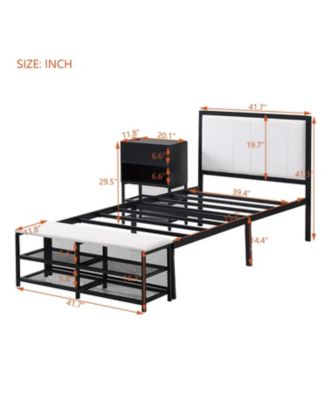 Twin size Metal Platform Bed with Two-Tier Storage Shelves, Wooden Storage Cabinet
