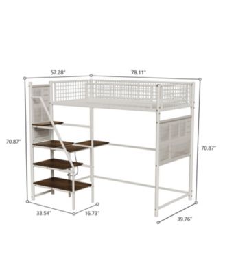 Twin sized loft metal bed with white for bedroom and dormitory, with built-in charging station and LED lighting
