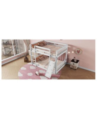 Twin Over Twin Floor Bunk Bed, Playhouse Floor Bunk Bed with Climbing Ramp, Ladder, Safety Guardrails,White
