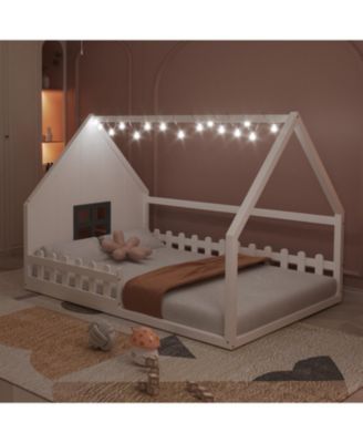 Full Size Wood House Bed with Window and Fence.