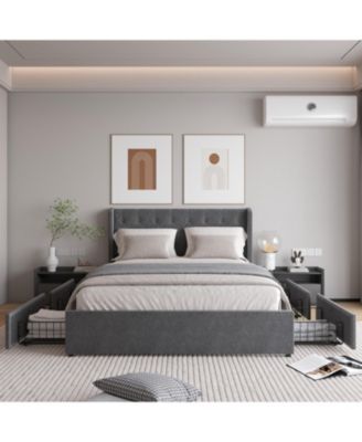 Queen Size Bed Frame with 4 Storage Drawers and Wingback Headboard, Button Tufted Design