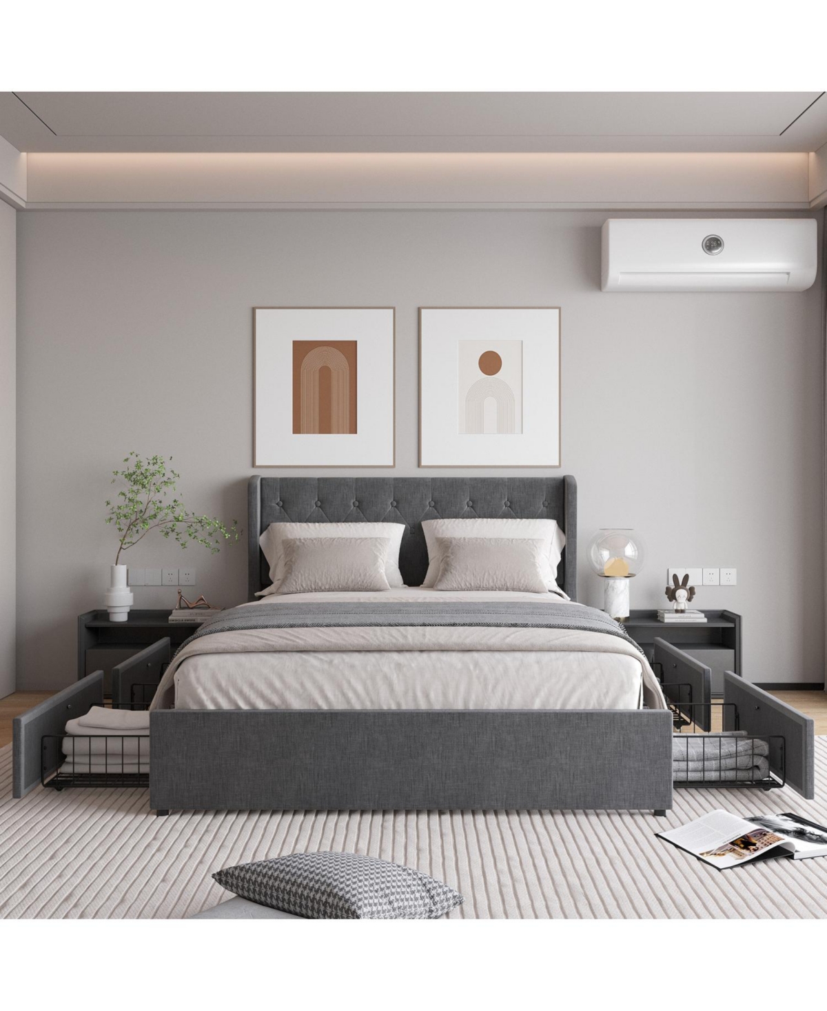 Streamdale Furniture Queen Size Bed Frame with 4 Storage Drawers and Wingback Headboard, Button Tufted Design