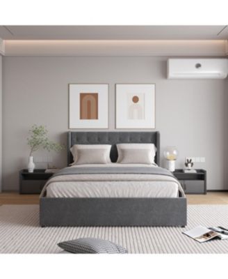 Queen Size Bed Frame with 4 Storage Drawers and Wingback Headboard, Button Tufted Design