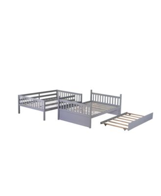  Gray Rubber Wood Bunk Bed with Trundle, Ladder, Guardrails & Convertible to 2 Full Beds