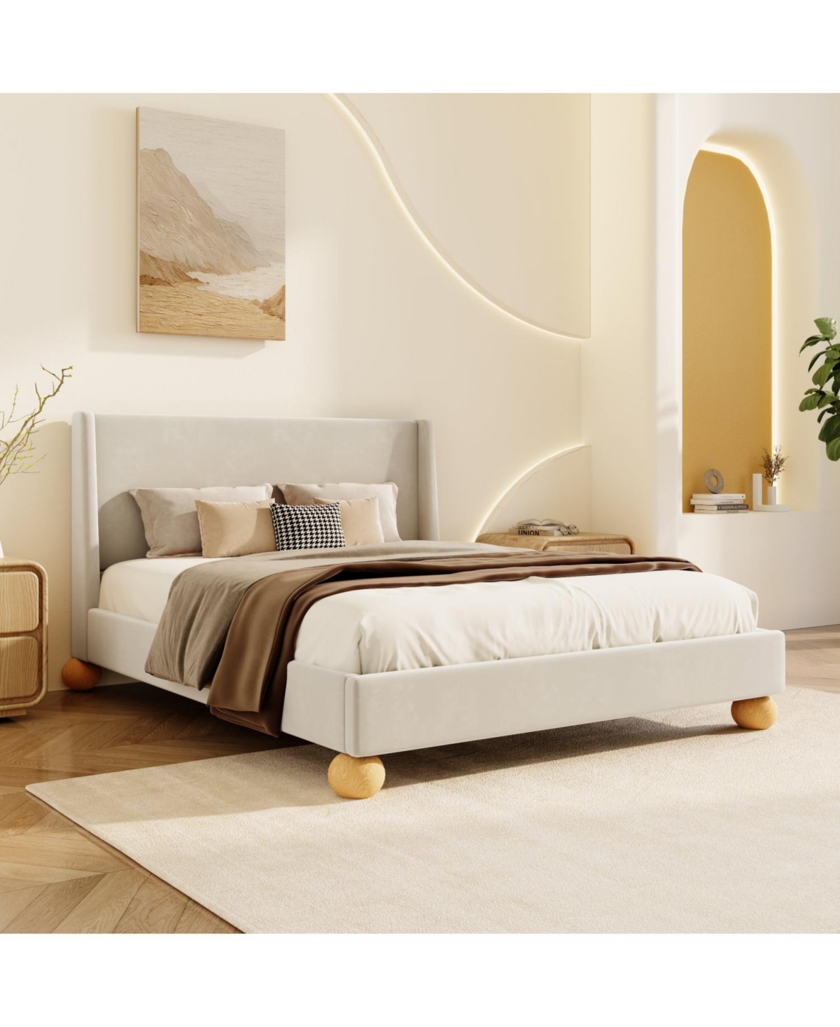 Streamdale Furniture Modern Velvet Upholstered Platform Bed with Wingback Headboard and Round Wooden Legs, Cream,King Size