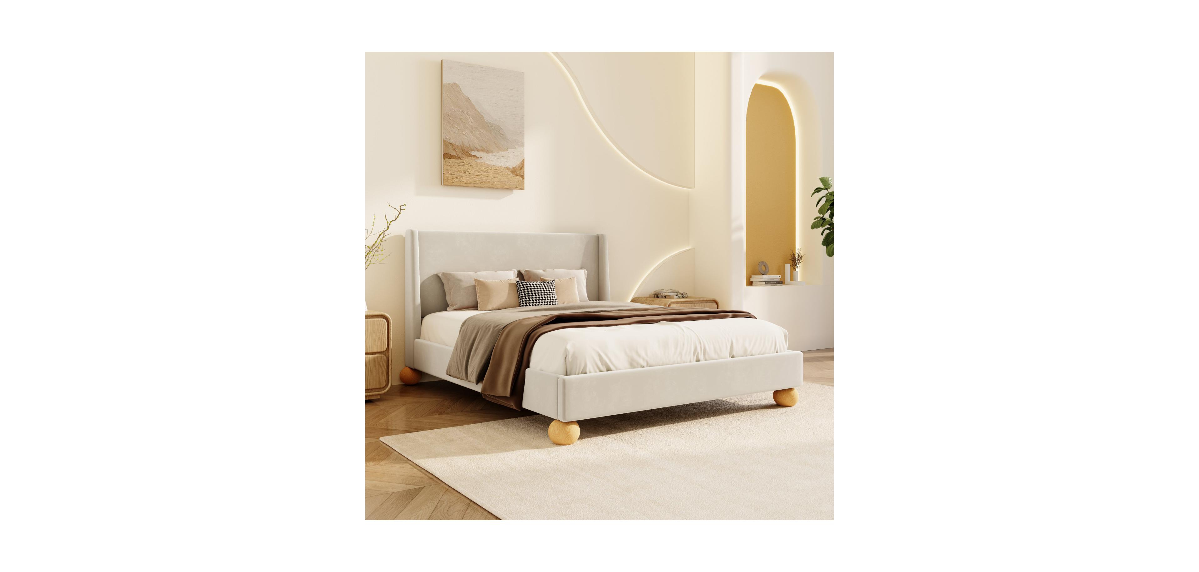 Streamdale Furniture Modern Velvet Upholstered Platform Bed with Wingback Headboard and Round Wooden Legs, Cream,King Size
