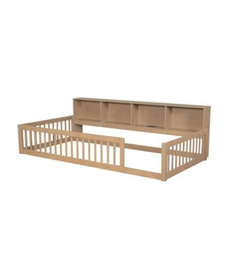  Wood Twin XL Size Floor Bed with Storage Cabinets and USB Ports