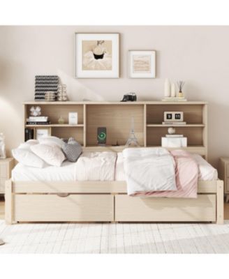 Twin Size Bed Frame With Side Bookshelves, Two Drawers, And Built-in USB Port