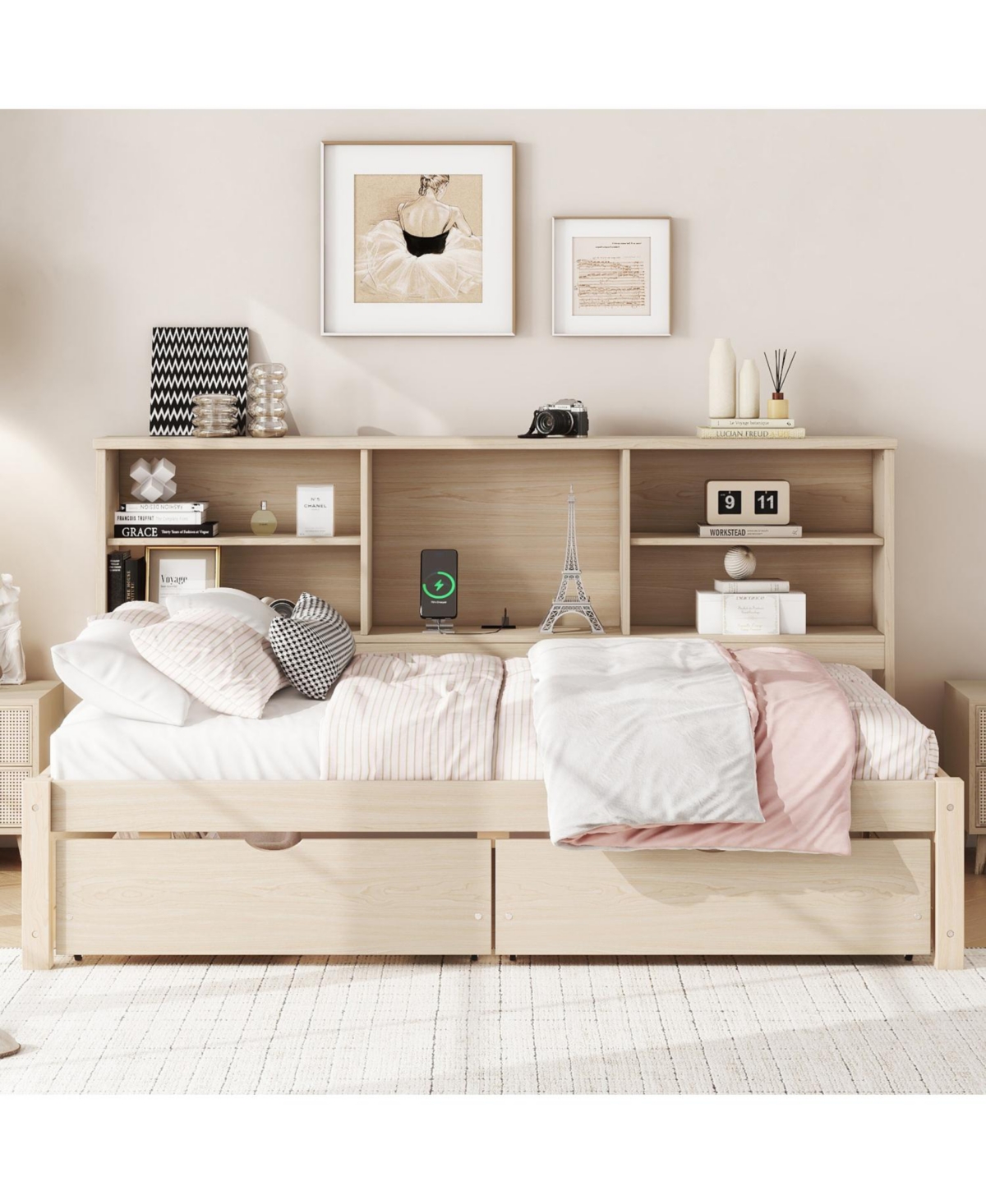 Streamdale Furniture Twin Size Bed Frame With Side Bookshelves, Two Drawers, And Built-in Usb Port