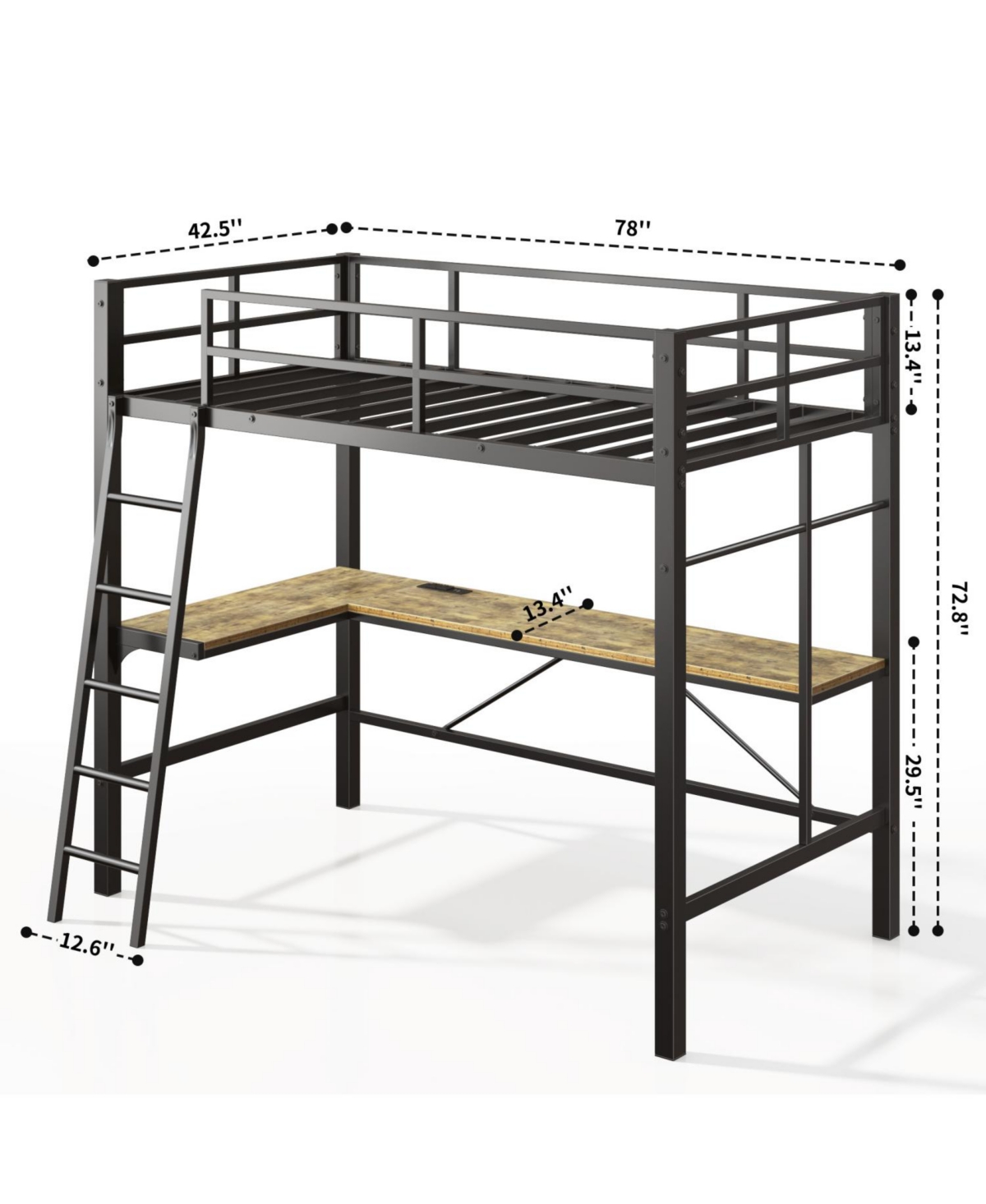 Streamdale Furniture Twin Loft Bed with Desk and Charging Station, Black