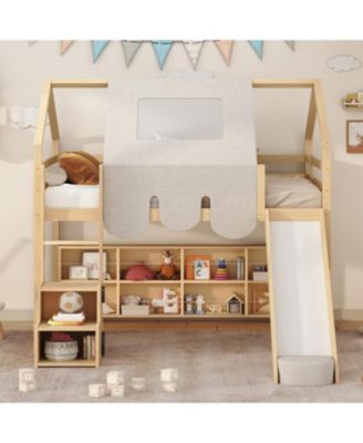 Wooden Loft Bed House-shaped Frame with a Tent