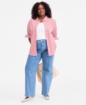 Trendy Plus Size Striped Cotton Button-Front Shirt