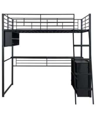 Full Size Metal Loft Bed with LED Desk and 4 Storage Shelves Black