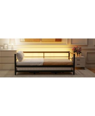 Twin Size Metal Daybed with LED and Adjustable Trundle Pop Up Trundle
