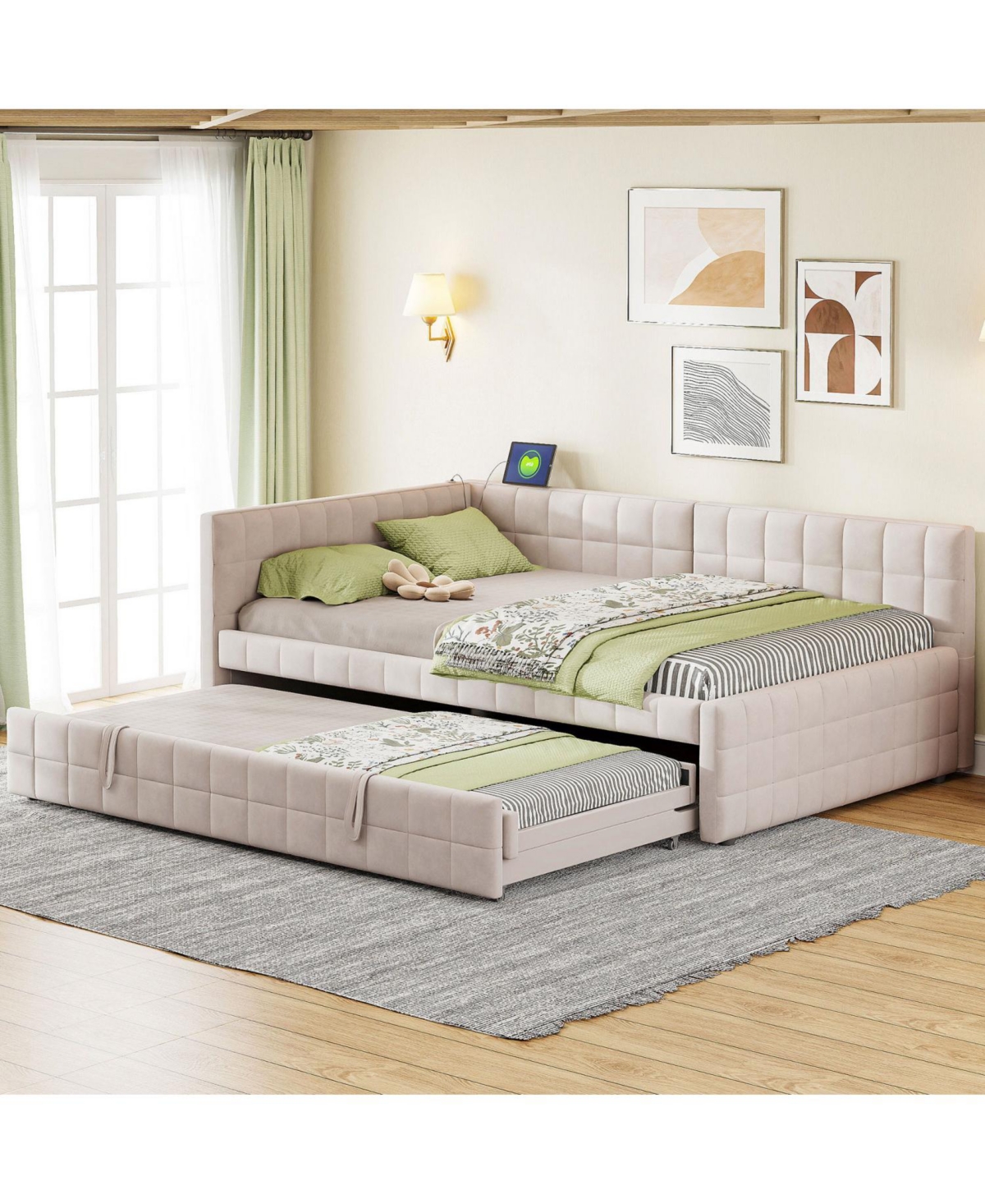 Streamdale Furniture Upholstered L-Shaped Daybed with Twin Trundle & Usb