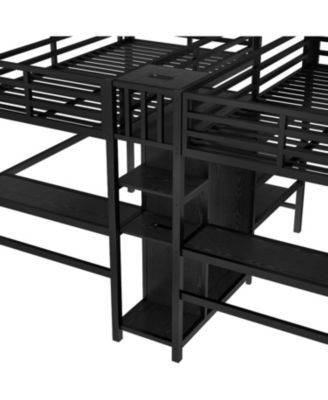 Twin Metal Loft Bed with Desk Wardrobe & Shelves - Black