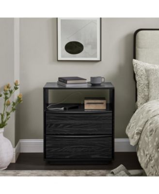 Mid Century Modern Nightstand with Charging Station & Drawers Black