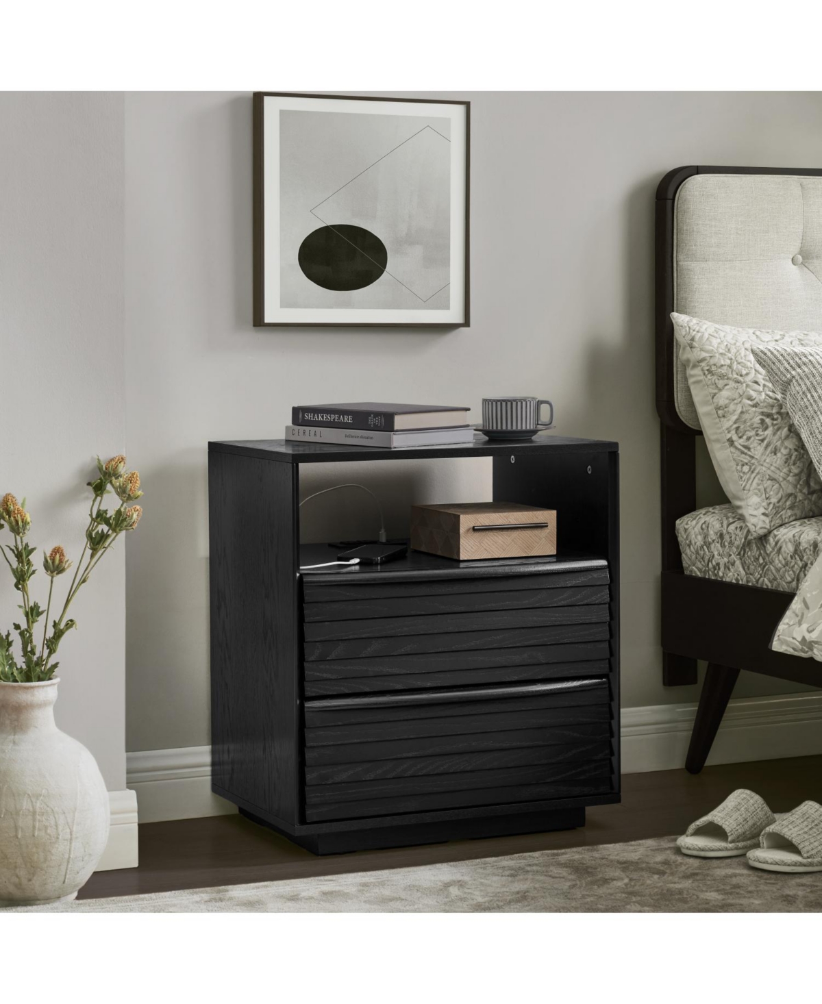 Streamdale Furniture Mid Century Modern Nightstand with Charging Station & Drawers Black