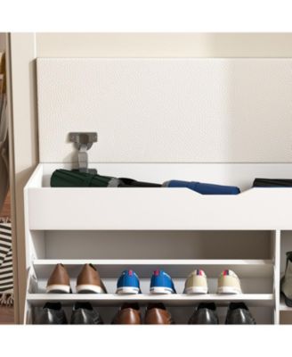 Entryway Bench Shoe Storage Flip-Up Drawers Hidden Cabinet White