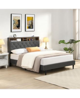 Queen Upholstered Platform Bed Frame with USB Ports