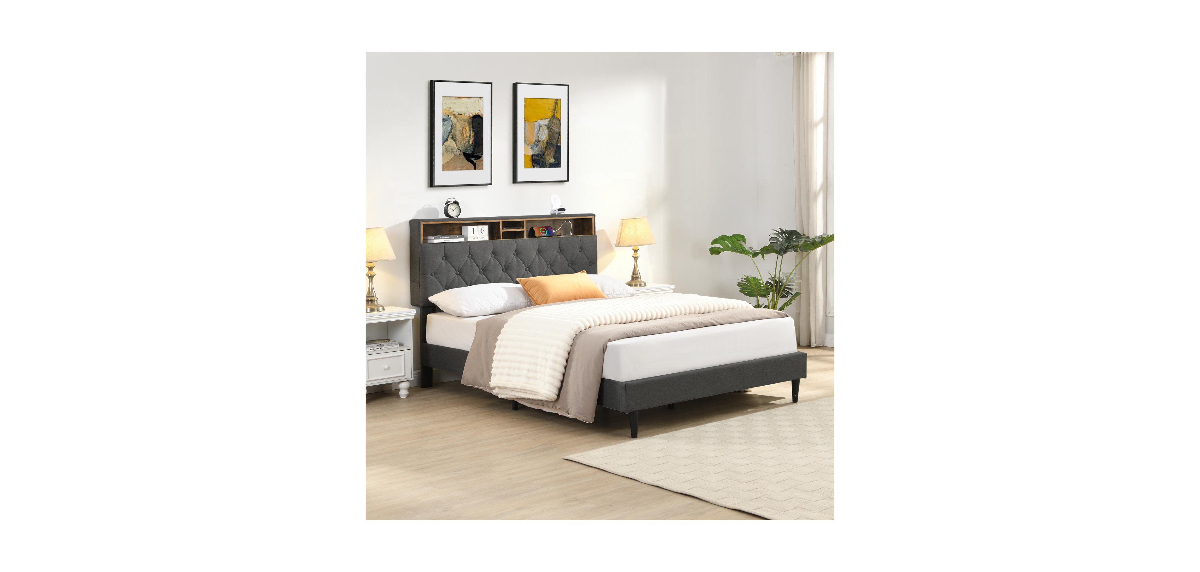Streamdale Furniture Queen Upholstered Platform Bed Frame with Usb Ports