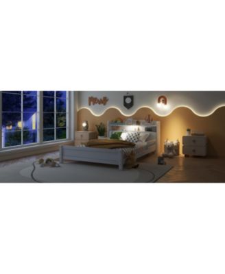 Pine Wood Bed with Bookcase Headboard LED & Guardrails White