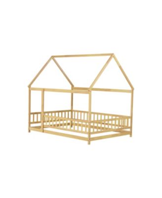 Full Size House Floor Wooden Bed with Roof Frame Safety Guardrails Natural