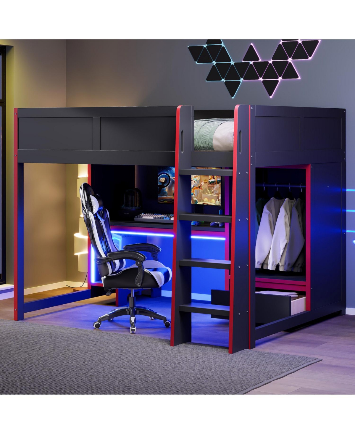 Streamdale Furniture Gaming Loft Bed with Desk, Wardrobe & Led