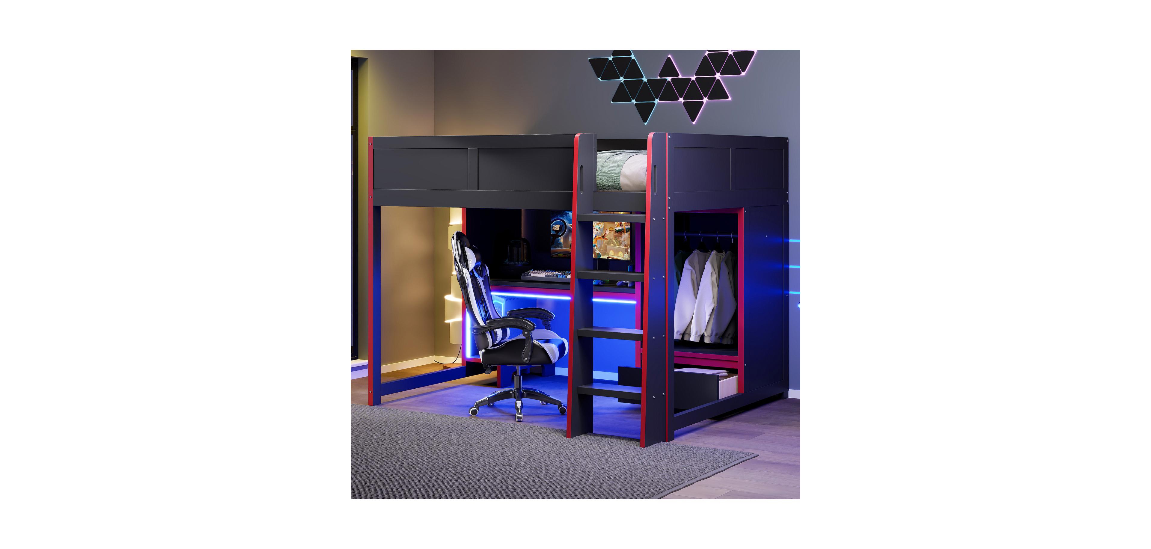 Streamdale Furniture Gaming Loft Bed with Desk, Wardrobe & Led