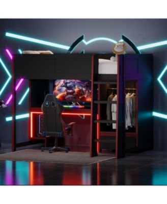 Black Twin Gaming Loft Bed w/ Desk, Wardrobe & LED