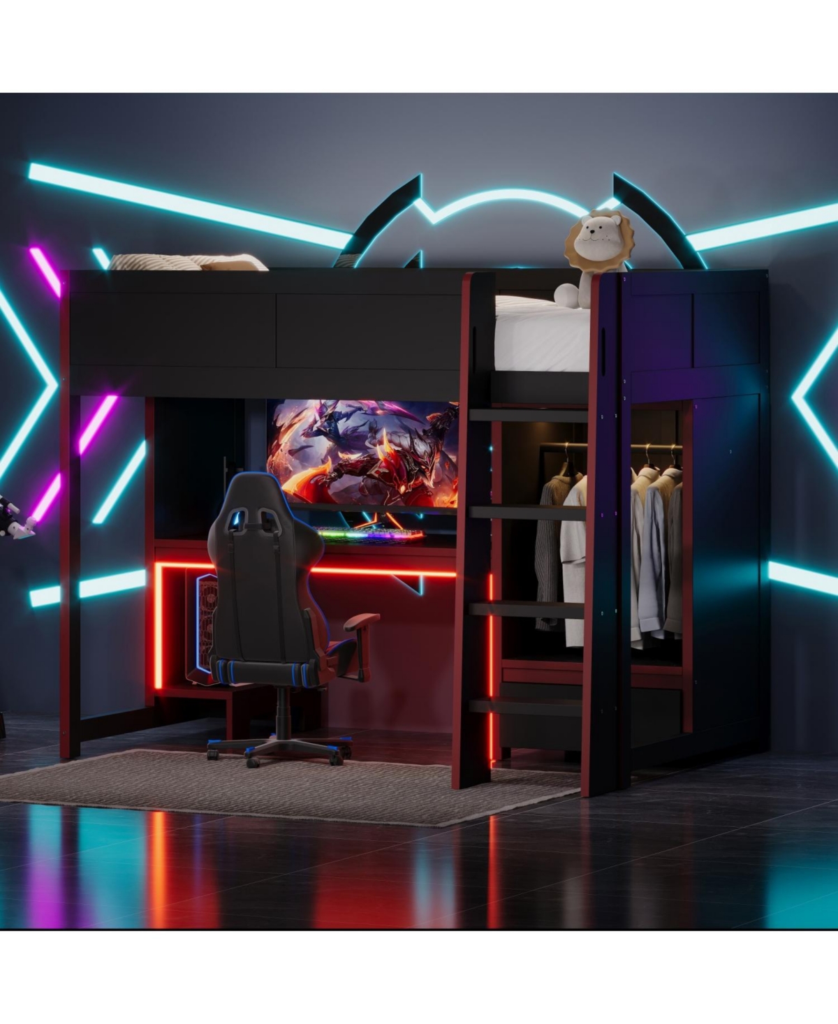 Streamdale Furniture Black Twin Gaming Loft Bed w/ Desk, Wardrobe & Led