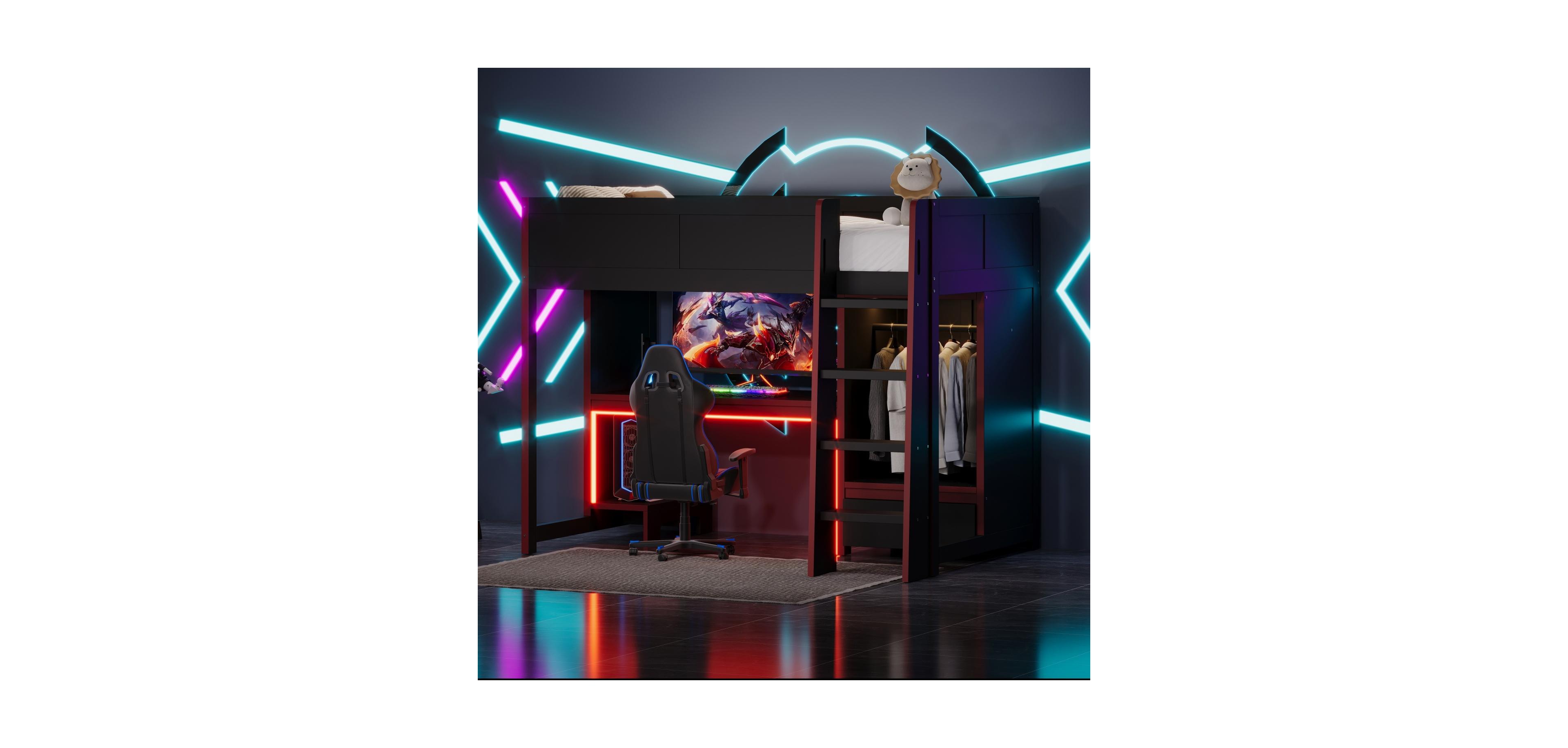 Streamdale Furniture Black Twin Gaming Loft Bed w/ Desk, Wardrobe & Led