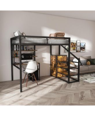 Loft Bed w/Desk & Wardrobe - Metal Frame, Stairs, Storage