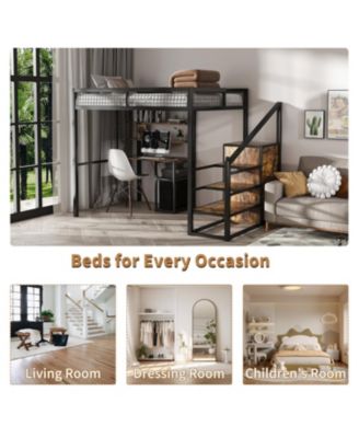 Loft Bed w/Desk & Wardrobe - Metal Frame, Stairs, Storage