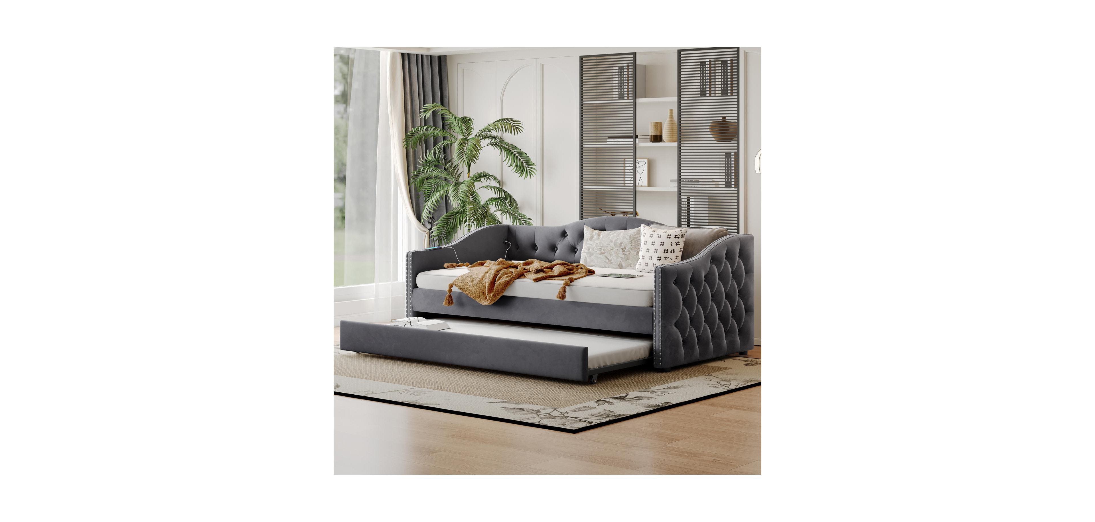 Streamdale Furniture Twin Upholstered Daybed with Trundle, Usb, Velvet
