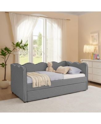 Gingham Daybed with Trundle, USB Port, Linen Fabric