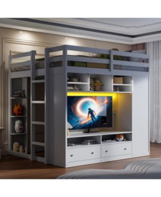 Full size Loft Bed with Drawers, Shelves and Light - White