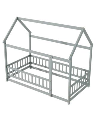 Streamdale Twin Size House Floor Wooden Bed with Roof Frame, Safety Guardrails, Grey