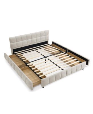 Queen Upholstered Bed Frame with Headboard & Storage Drawer - Beige