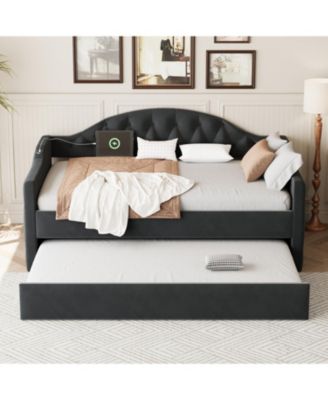 Twin Tufted Velvet Daybed with Trundle, USB Ports, Black