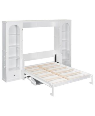 Queen Size Murphy Platform Bed with Shelf, Side Cabinets, Drawers and LED, White