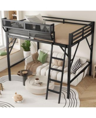 Queen Loft Bed with Shelves, Metal Frame