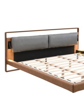 Streamdale Brown&Gray Leather King Bed with 2pcs Night Lights