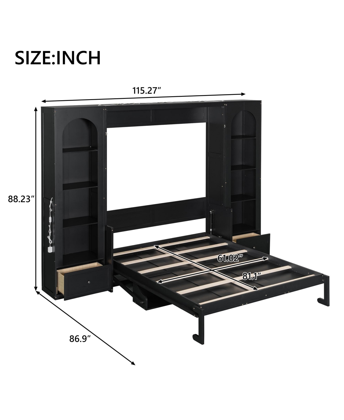 Streamdale Furniture Streamdale Queen Size Murphy Platform Bed with Shelf, Side Cabinets, Drawers and Led, Black