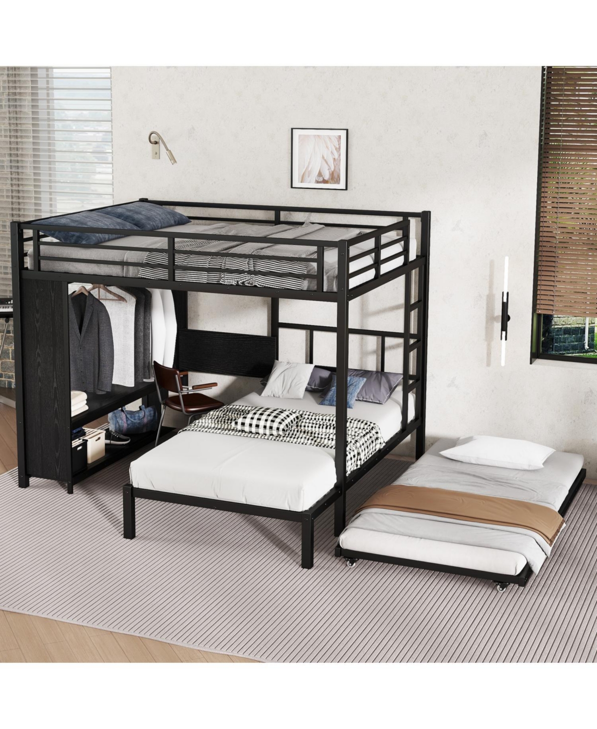 Streamdale Furniture Queen/Twin Bunk Bed with Wardrobe, Trundle, Desk, Ladders